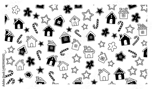 Cute black and white seamless pattern with gingerbread houses candy canes and stars vector illustration for sweet Christmas holiday fabric print