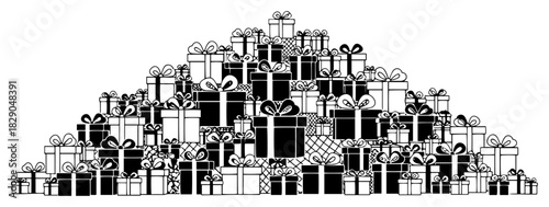 Huge pile of Christmas gift boxes black and white vector illustration with stack of presents for holiday sale