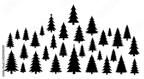 Winter forest background with pine tree silhouettes black and white vector landscape with fir woods for christmas design