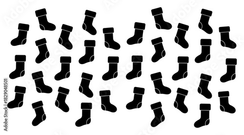 Christmas stocking silhouette vector pattern background with hanging socks black and white holiday design