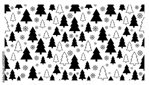 Dense black and white seamless pattern with mixed solid and outline fir trees and snowflakes vector illustration for winter forest background