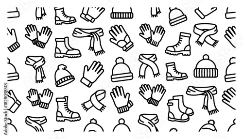 Winter clothing seamless pattern with outline hats scarves and boots black and white vector background with hand drawn accessories