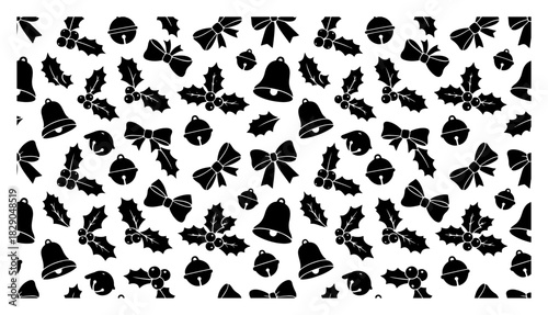 Traditional black and white seamless pattern with Christmas bells ribbons and holly berries vector illustration for festive wrapping paper design