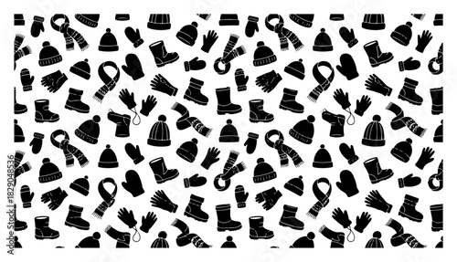 Winter accessories seamless pattern with black silhouettes of hats and gloves vector background with solid clothing shapes