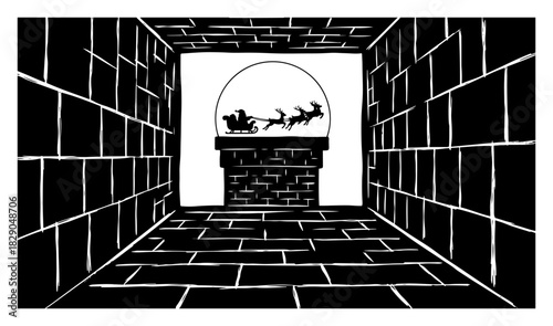 Brick tunnel perspective with flying Santa sleigh and reindeer black and white vector background with magical winter night scene