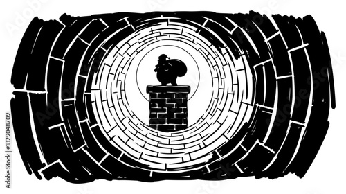 View from inside the chimney looking up at Santa Claus with sack black and white vector illustration of Christmas delivery perspective