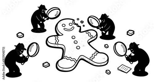 Funny crime scene investigation with bitten gingerbread man and detectives black and white vector concept with magnifying glass