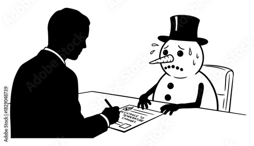 Funny snowman job interview vector illustration with melting candidate signing contract black and white business humor sketch