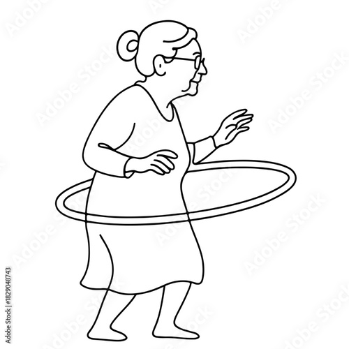 Elderly woman hula hooping single line illustration