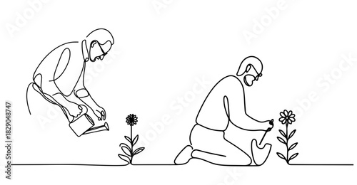 Elderly man watering flower in garden, Elderly man digging soil in garden single line illustration