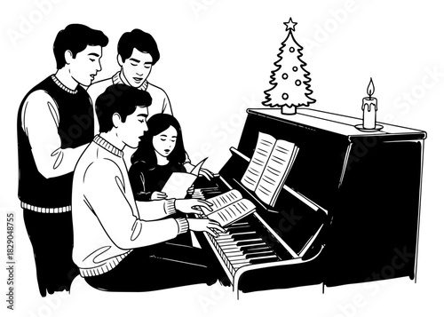 Family singing Christmas carols around piano vector illustration with friends playing music black and white holiday celebration sketch