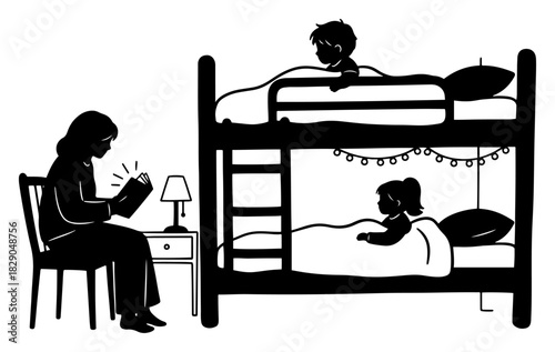 Mother reading bedtime story to children in bunk bed vector illustration black and white family evening routine sketch