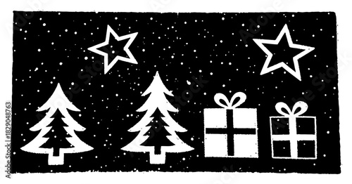 Decorative black and white Christmas banner in woodcut style featuring fir trees stars and gift boxes vector illustration