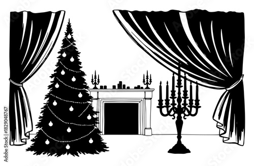 Elegant black and white Christmas living room scene with decorated tree fireplace and candelabra behind curtains vector illustration