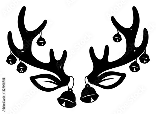 Reindeer antlers with hanging jingle bells and ears black and white vector illustration for Christmas costume design