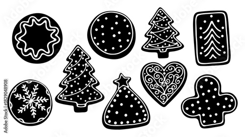Set of decorated Christmas gingerbread cookies with icing in shapes of trees hearts and circles black and white vector illustration