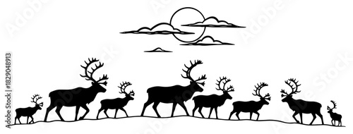 Silhouettes of reindeer herd family walking in winter snow landscape under full moon vector illustration for holiday nature design