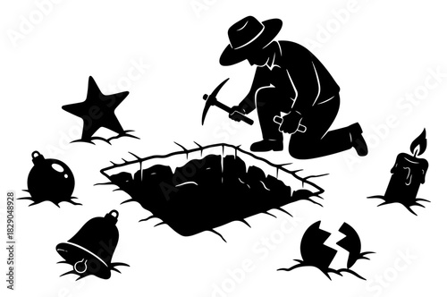 Person digging in the ground with pickaxe finding buried Christmas symbols and decorations black and white vector illustration