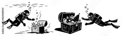 Scuba divers discovering treasure chests filled with Christmas gifts and tree underwater black and white vector illustration of ocean holiday adventure
