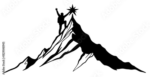 Alpinist reaching mountain peak and touching the Christmas star black and white vector silhouette of success and winter adventure