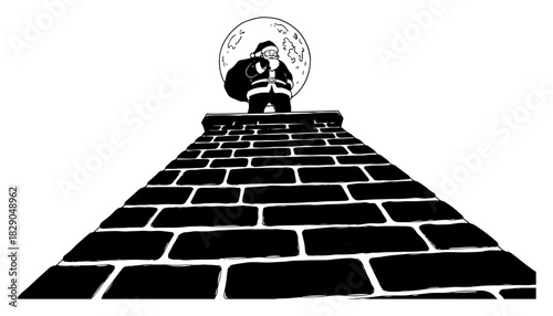 Santa Claus standing on top of brick chimney with full moon background low angle view vector illustration