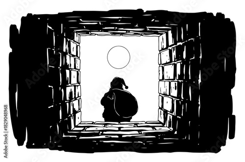 Santa Claus silhouette seen from inside brick chimney looking up at roof opening with moon background vector illustration