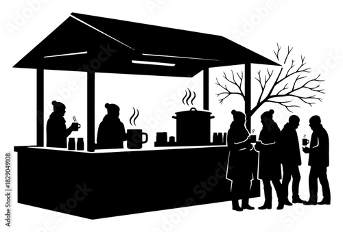 Christmas market stall with people drinking hot mulled wine black and white vector silhouette of winter fair