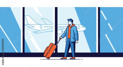 A traveler walking with a suitcase at an airport terminal, waiting for departure while gazing at