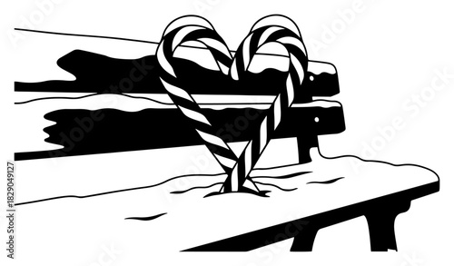 Two candy canes forming heart shape on snowy wooden bench vector illustration black and white winter romance scene