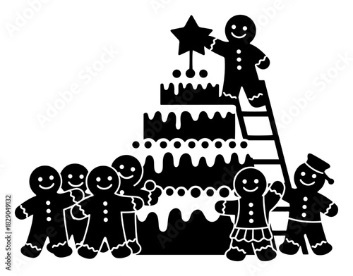 Gingerbread men family decorating Christmas cake with star topper vector illustration black and white holiday baking scene
