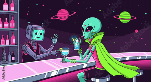 A vibrant space bar scene with an alien enjoying a drink served by a robot bartender in a cosmic