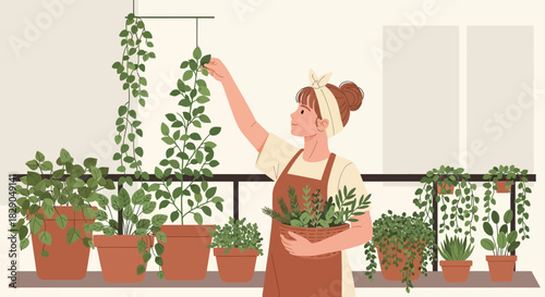 A woman tending to her houseplants on a balcony, cultivating a serene and green urban oasis