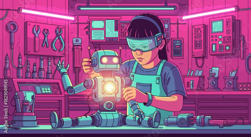 A young engineer assembles a robot in her workshop in a neon-lit illustration  with tools and