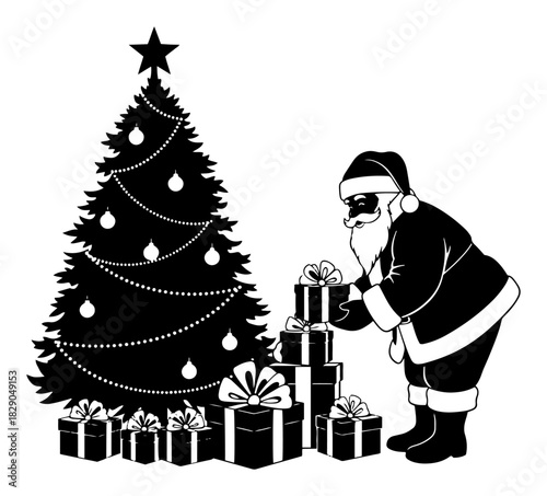 Santa Claus putting gift box under decorated Christmas tree black and white vector illustration for holiday scene