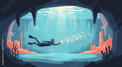 Adventurous Scuba Diver Exploring Underwater Cave with Sunlight and Fish Cartoon Scene