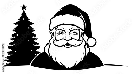 Winking Santa Claus face portrait with fir tree in background black and white vector illustration for happy holiday design