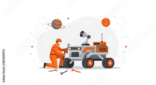Astronaut in orange spacesuit fixing mars rover with wrench on white background