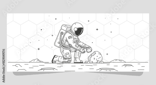 Astronaut on the Moon Discovering a Rock, Line Art Illustration Space Exploration, Lunar Surface,