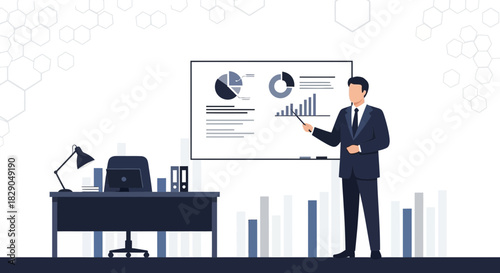 Business presentation in office with man explaining graph and chart on board