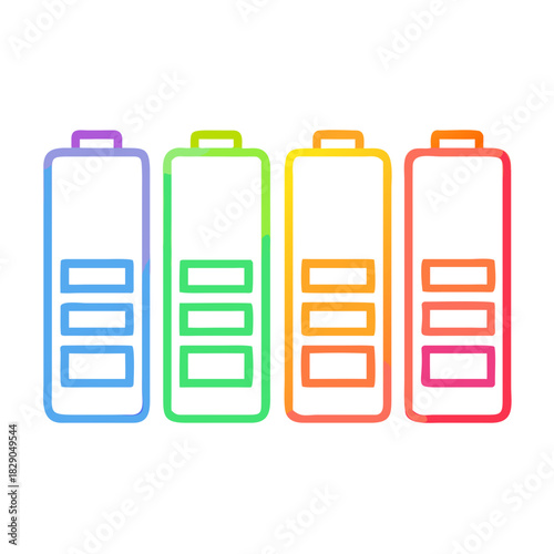 Battery level indicators. Colorful battery charge level icons. Battery power level pictograms in outline style. Vector
