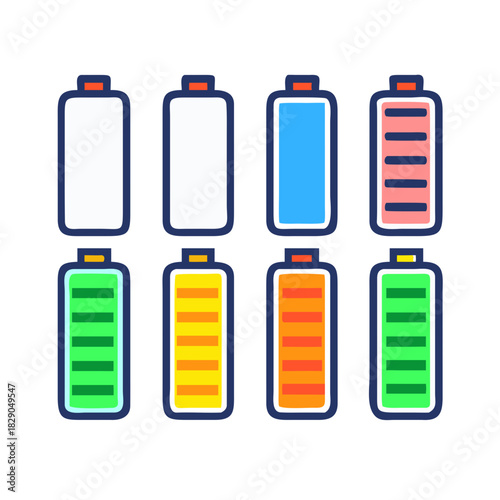 Battery level indicators. Colorful battery charge level icons. Battery power level pictograms in outline style. Vector
