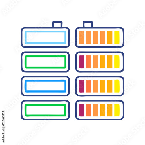 Battery level indicators. Colorful battery charge level icons. Battery power level pictograms in outline style. Vector
