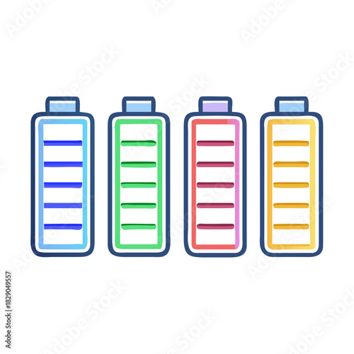 Battery level indicators. Colorful battery charge level icons. Battery power level pictograms in outline style. Vector
