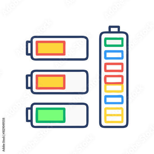 Battery level indicators. Colorful battery charge level icons. Battery power level pictograms in outline style. Vector
