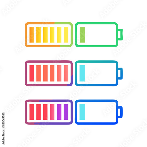 Battery level indicators. Colorful battery charge level icons. Battery power level pictograms in outline style. Vector
