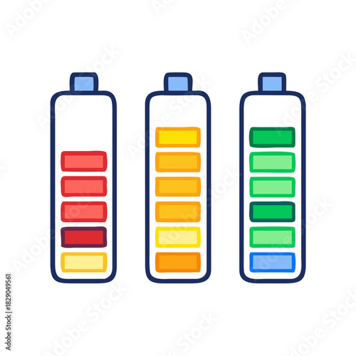 Battery level indicators. Colorful battery charge level icons. Battery power level pictograms in outline style. Vector
