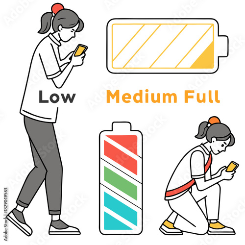 Battery level indicators. Colorful battery charge level icons. Battery power level pictograms in outline style. Vector
