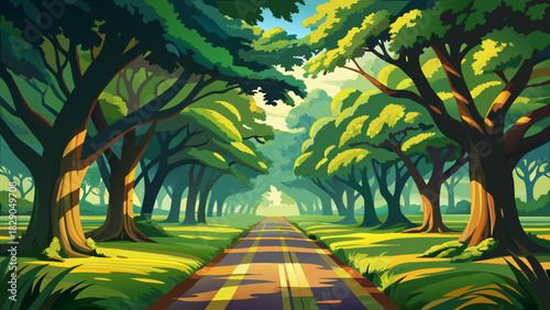 Very beautiful tree-lined plantation road framed by sprawling southern oaks creates a peaceful green corridor, with sunlight filtering softly across the quiet path and surrounding natural landscape.