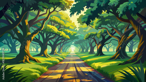 Very beautiful tree-lined plantation road framed by sprawling southern oaks creates a peaceful green corridor, with sunlight filtering softly across the quiet path and surrounding natural landscape.