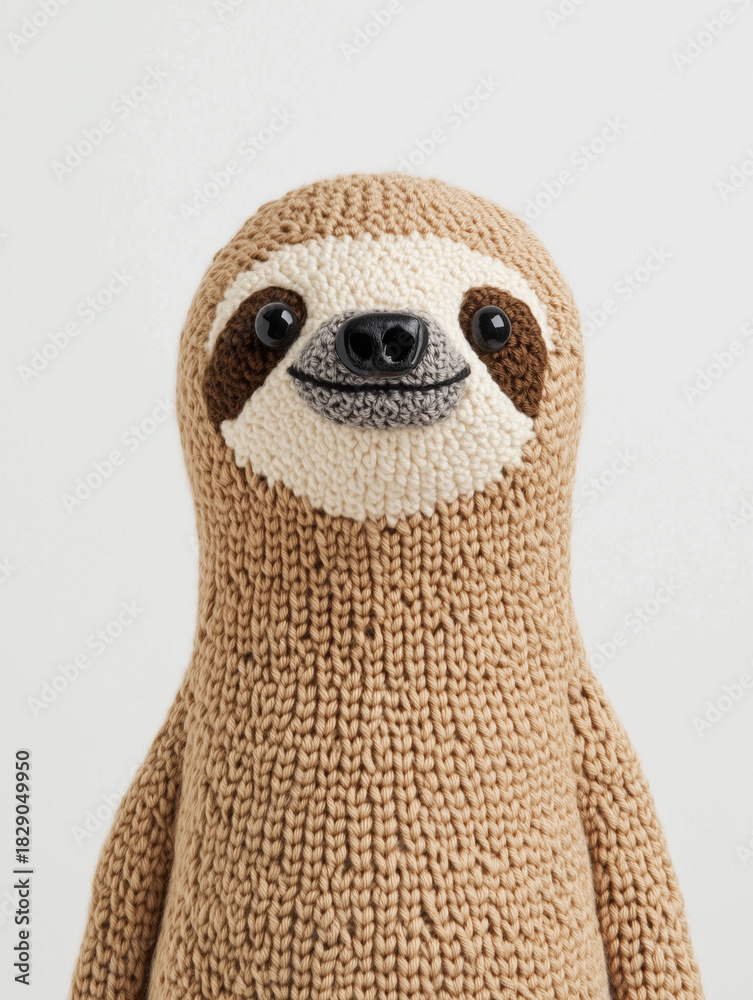 Fototapeta premium An adorable hand-knitted sloth plush toy with a cheerful expression, perfect for a cozy nursery. The cute sloth is wearing a beige knit and it evokes a feeling of warmth